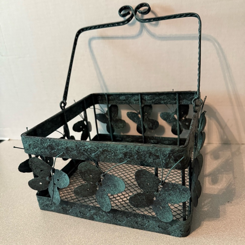 Elegant Green Patina Metal Butterfly Basket with Handle Square Vintage